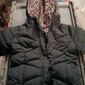 Girls Size 12 Months Pink Platinum Black Puffer Jacket with Leopard Print Lining